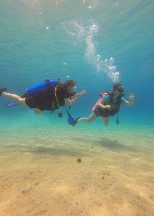 Erika und ihr Sohn unter Wasser beim Tauchen