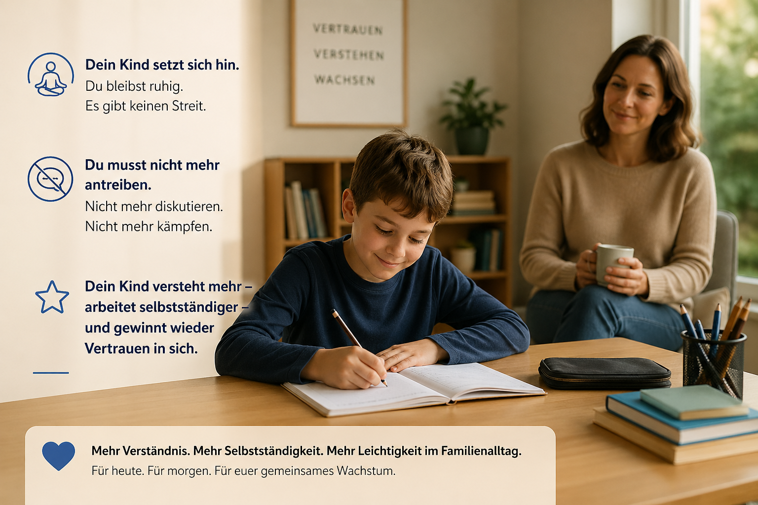 Kind arbeitet selbstständig, Mutter schaut entspannt zu