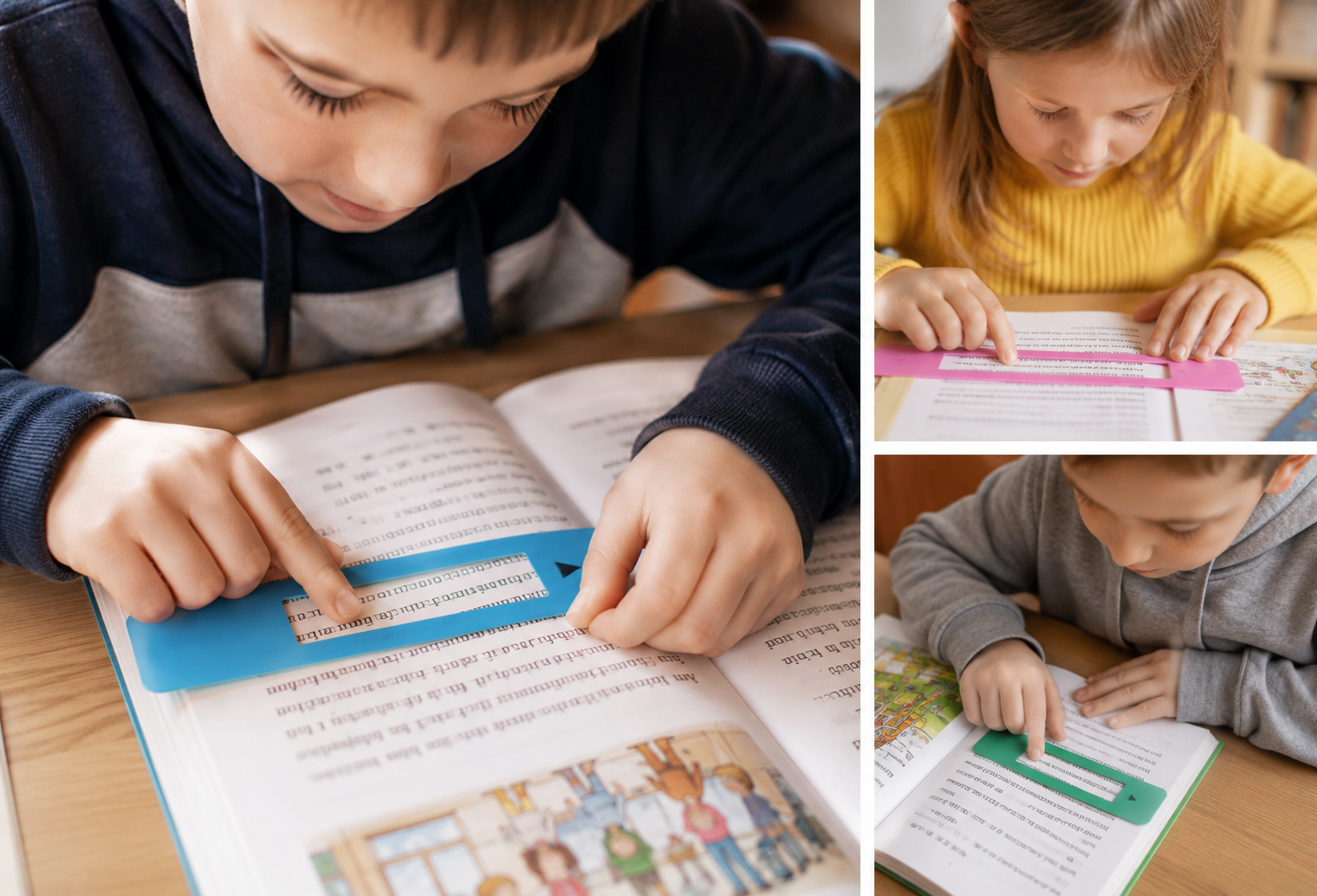 Drei Kinder lesen mit bunten Leseschablonen in Blau, Pink und Grün